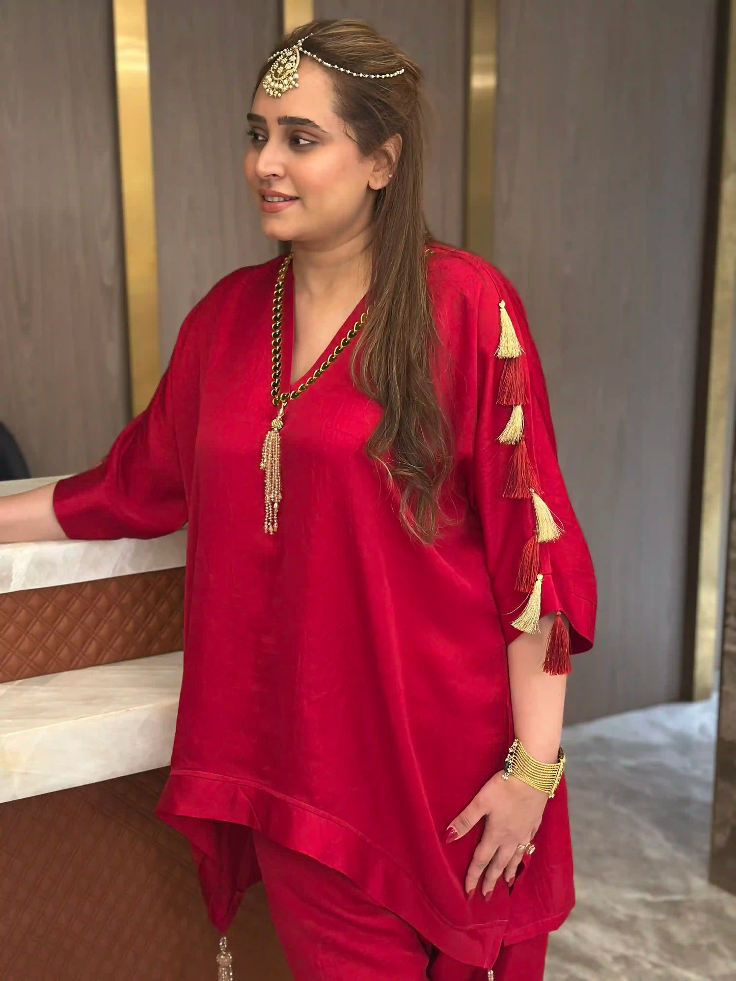 Red Bahar Drape Kurta Set