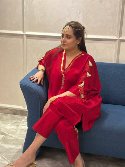 Red Bahar Drape Kurta Set